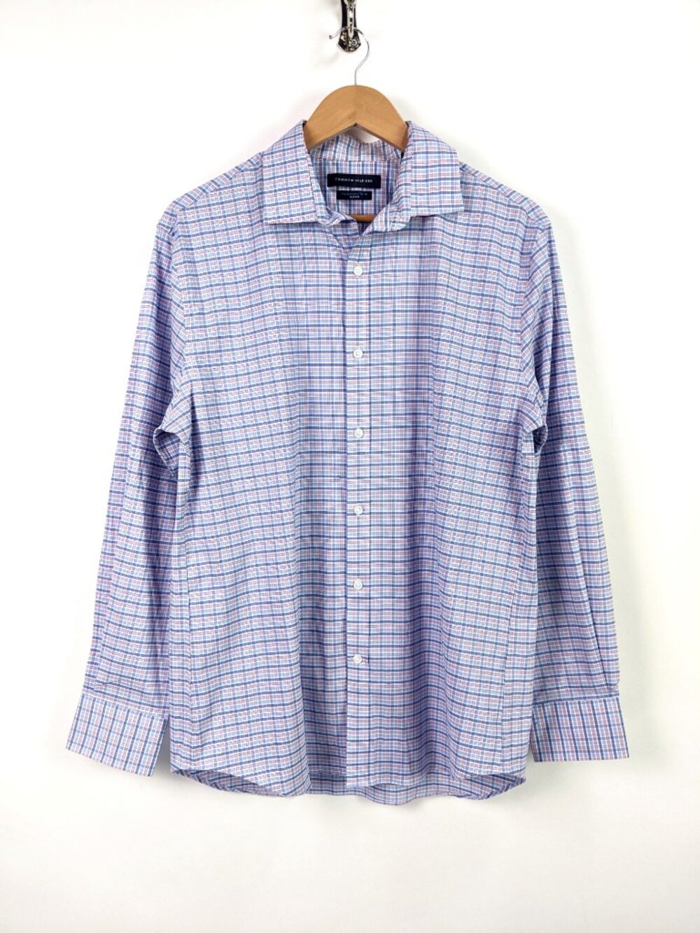 Tommy Hilfiger Shirt 16 32/33 L Slim Fit Plaid All-Season Stretch Long Sleeve